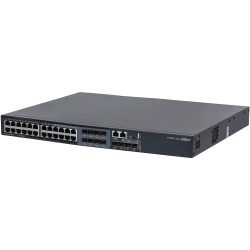 Schwarzer Netzwerk-Switch von Dahua mit mehreren Ethernet- und SFP-Ports auf der Vorderseite.