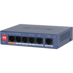 D-Link Netzwerk-Switch mit sechs RJ45-Anschlüssen, Beschriftungen und einem roten Umschalter für den Betriebsmodus, in einem metallischen Gehäuse.