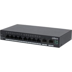 Ein schwarzer Netzwerk-Switch der Marke Dahua mit acht Ethernet-Anschlüssen und zwei zusätzlichen SFP-Ports. Er verfügt über drei grüne Status-LEDs auf der rechten Seite.