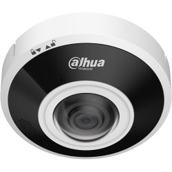 Rundförmige Überwachungskamera der Marke Dahua Technology mit schwarzem und weißem Gehäuse und Objektiv im Zentrum.