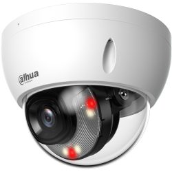 Weiße Dome-Überwachungskamera der Marke Dahua mit sichtbaren LED-Leuchten und einer durchsichtigen, halbkugelförmigen Abdeckung.