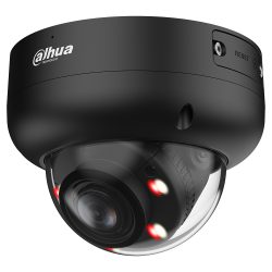 Schwarze Überwachungskamera von Dahua Technology in Kuppelform mit sichtbaren Linsen und LED-Leuchten, einschließlich eines Reset-Buttons.