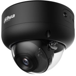 Schwarze Überwachungskamera von Dahua Technology mit kugelförmigem Design und sichtbarer Linse hinter einer durchsichtigen Kuppel.