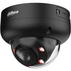 Schwarze Dome-Überwachungskamera von Dahua Technology, mit sichtbarem Objektiv und umgebenden LED-Leuchten.