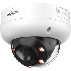 Eine weiße, halbkugelförmige Überwachungskamera von Dahua Technology mit schwarzen Details und erkennbaren LED-Leuchten.