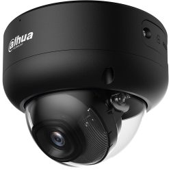 Schwarze Dome-Kamera von Dahua Technology mit einem kompakten Gehäuse und einer transparenten Kuppel, die das Objektiv schützt.