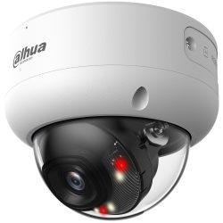 Kuppelformige Überwachungskamera von Dahua mit weißem Gehäuse und sichtbarem Objektiv hinter einer transparenten Abdeckung, roten und weißen LEDs im Inneren.