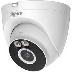 Eine weiße Dome-Überwachungskamera von Dahua mit Kameralinse und zwei LED-Leuchten auf der Vorderseite.
