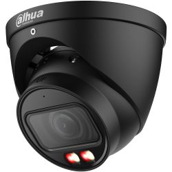 Eine schwarze Sicherheitskamera der Marke Dahua mit einem modernen, kompakten Design, erkennbar an ihrem markanten Gehäuse und den zwei kleinen, leuchtenden LEDs an der Vorderseite.