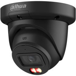 Eine schwarze Überwachungskamera von Dahua Technology, die an der Decke montiert ist. Die Kamera hat ein quadratisches Objektiv und zwei kleine LED-Lichter darunter.