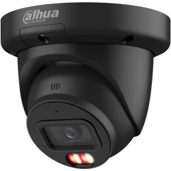 Schwarze domeförmige Überwachungskamera von Dahua mit erkennbarer Linse und LED-Beleuchtung.