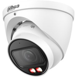 Nahaufnahme einer weißen Überwachungskamera von Dahua mit modernem Design und beleuchteten LED-Anzeigen an der Vorderseite.
