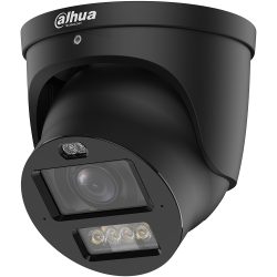 Schwarze Überwachungskamera von Dahua Technology mit abgerundetem Design und integrierter Beleuchtung.