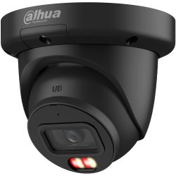 Schwarze Überwachungskamera der Marke Dahua mit auffälligem LED-Licht und modernem Design.