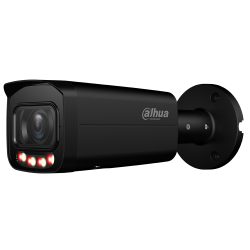 Eine schwarze Überwachungskamera der Marke Dahua mit einem zylindrischen Gehäuse und roten LEDs an der Vorderseite, montiert an einer Wandhalterung.
