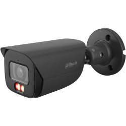Schwarze Überwachungskamera von Dahua mit Wandhalterung, rechteckigem Gehäuse und zwei leuchtenden roten LEDs unter dem Objektiv.
