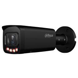 Schwarze Überwachungskamera mit Logo einer bekannten Technologie-Marke, montiert auf einer runden Halterung, zeigt vier kleine rote Leuchten unter dem Objektiv.