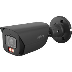 Schwarze Überwachungskamera von Dahua Technology mit zylindrischem Gehäuse und Wandhalterung, ausgestattet mit einer Linse und zwei leuchtenden LEDs auf der Vorderseite.