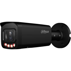 Schwarze Überwachungskamera von Dahua Technology mit sichtbaren LED-Leuchten an der Vorderseite und einem robusten Gehäuse zur Wandmontage.
