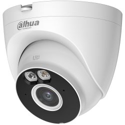 Weiße Überwachungskamera von Dahua Technology mit kreisförmigem Design und sichtbaren Linsen und Sensoren auf der Vorderseite.