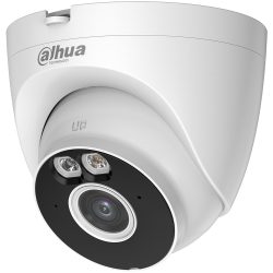 Nahaufnahme einer weißen Sicherheitskamera der Marke Dahua mit erkennbarer Linse und integrierten LEDs.