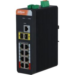 Ein schwarzer Netzwerk-Switch von Dahua mit mehreren Ethernet-Ports, einer Konsole und zwei Power-over-Ethernet-Anschlüssen, erkennbar an der Markenaufschrift und den farblich markierten Anschlüssen.