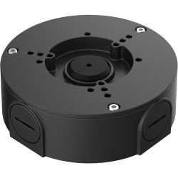 Schwarzes, zylindrisches Gehäuse mit mehreren Bohrungen und Befestigungsschrauben, möglicherweise als Basis für eine Überwachungskamera oder andere Elektronikgeräte konzipiert.