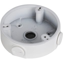 Ein runder, weißer Montageadapter mit mehreren Schraubenlöchern und einem zentralen Loch, gekennzeichnet mit den Worten "TOP" und "BOTTOM" sowie seitlichen Kabelzugängen.
