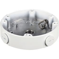Runde, graue Metallhalterung mit mehreren Löchern zur Befestigung und einem integrierten Haken an der Seite.