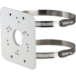 Eine weiße, quadratische Montageplatte mit zentraler Bohrung und mehreren kleineren Löchern, befestigt an zwei Metallspannbändern.