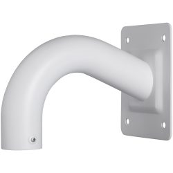 Weiße Wandhalterung aus Metall mit gebogenem Arm und rechteckiger Basis, um mehrere Löcher für die Montage zu befestigen.