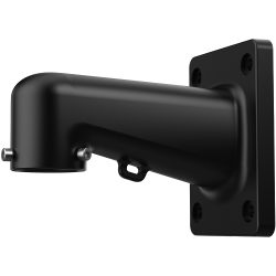 Schwarze Wandhalterung für eine Netzwerkkamera mit rechteckiger Basisplatte und zwei sichtbaren Schrauben.