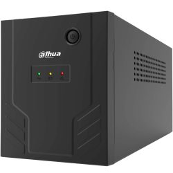 Schwarze Backup-USV des Unternehmens Dahua Technology mit einem Netzschalter und drei Status-LEDs auf der Vorderseite.