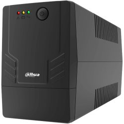 Ein schwarzes USV-Gerät mit Lüftungsschlitzen an der Seite, LEDs und einem Netzschalter oben, mit dem Markenzeichen "Dahua Technology" auf der Vorderseite.