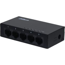 Ein schwarzer Netzwerk-Switch mit fünf Ethernet-Ports, nummeriert von 1 bis 5, und einer LED-Anzeige oben.