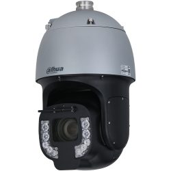 Eine große, runde Überwachungskamera von Dahua Technology mit einem silbernen Gehäuse und einem schwarzen unteren Teil mit sichtbaren LED-Leuchten um das Objektiv.