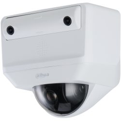 Eine weiße Überwachungskamera mit zwei Linsen und einem domförmigen unteren Bereich, hergestellt von Dahua Technology.