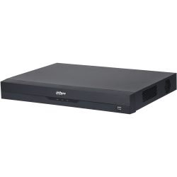 Schwarzer Netzwerkrekorder von Dahua mit USB-Anschluss und Belüftungsschlitzen an der Seite.
