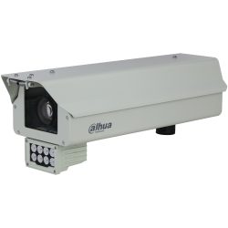Weiße Überwachungskamera von Dahua Technology mit großem rechteckigem Gehäuse und kleinem rechteckigem Modul mit sechs LED-Leuchten.