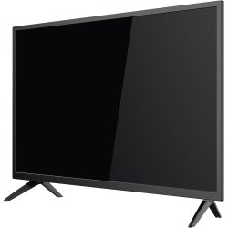 Flacher moderner Fernseher mit schwarzem Bildschirm, auf zwei angewinkelten Standfüßen ruhend.