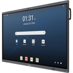 Digitales interaktives Display mit einer Benutzeroberfläche, die Apps wie Google, Play Store und Whiteboard zeigt, sowie eine Uhrzeit- und Datumsanzeige vom 29. Januar 2024 um 01:31 Uhr.
