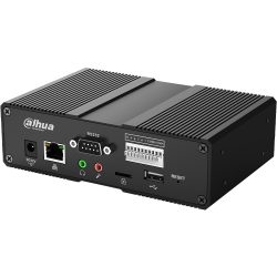 Ein schwarzes elektronisches Gerät mit verschiedenen Anschlüssen, darunter RS232, Ethernet, Audioeingänge, USB und eine Reset-Taste, von der Marke Dahua Technology.