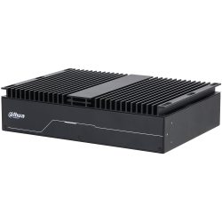 Schwarzer industrieller Computer mit Kühlrippen und einem Dahua-Logo an der Seite.