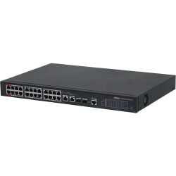 Ein 24-Port PoE-Switch von Dahua in einem schwarzen Gehäuse, mit mehreren Ethernet-Anschlüssen und Belüftungsgitter an der Seite.