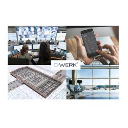 Collage aus einem Überwachungsraum mit mehreren Bildschirmen, einem Smartphone mit einem Kalender, einem Bauplan mit Gebäudemodell und einem leeren Flughafen-Wartebereich; C•WERK Logo in der Mitte.