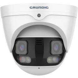 Eine weiße Überwachungskamera von Grundig mit zwei auffälligen Linsen und integrierter Infrarotbeleuchtung, geeignet für die Sicherheitsüberwachung.