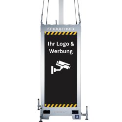 Werbesäule mit der Beschriftung 'Ihr Logo & Werbung' und einem Symbol einer Überwachungskamera, mit der Aufschrift 'SECURITBOX' oben am Rand.