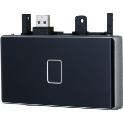 Ein schwarzer, rechteckiger USB-Datenblock mit silbernem Rand und einem zentralen Taster.