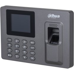 Ein graues biometrisches Zugangskontrollgerät von Dahua Technology mit einem Bildschirm, einem Tastenfeld und einem Fingerabdruckscanner.