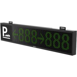 Elektronisches LED-Parkleitsystem mit einem Parkplatzsymbol und angezeigten grünen Pfeilen und Zahlen auf einem schwarzen Gehäuse.